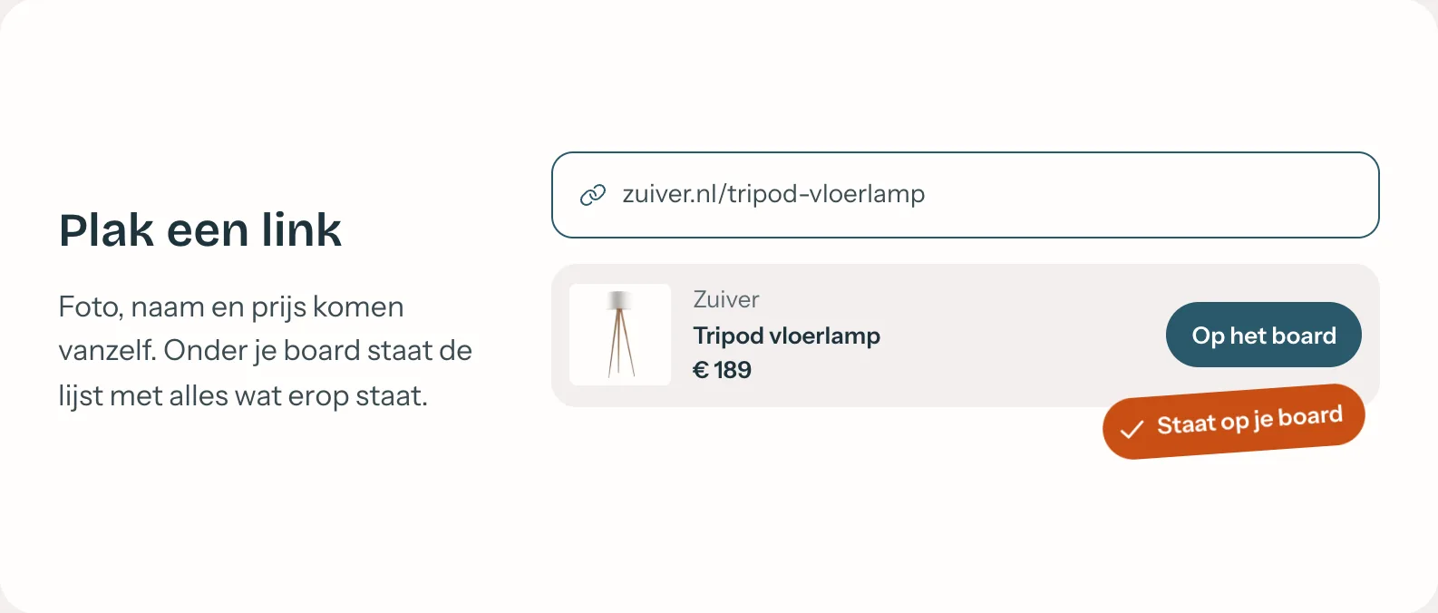 Ein eingefügter Link aus einem Onlineshop: Foto, Name und Preis der Stehlampe kommen von selbst.