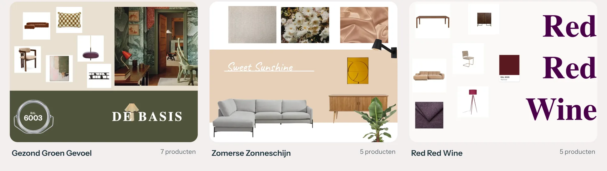 Die Inspirationsseite mit Boards von anderen, filterbar nach Raum und Farbe.